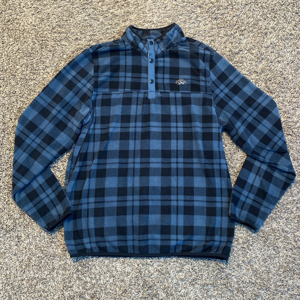 686 Fleece Pullover Mens Large Blue Black Plaid Snap Neck Thermal Warmer Top